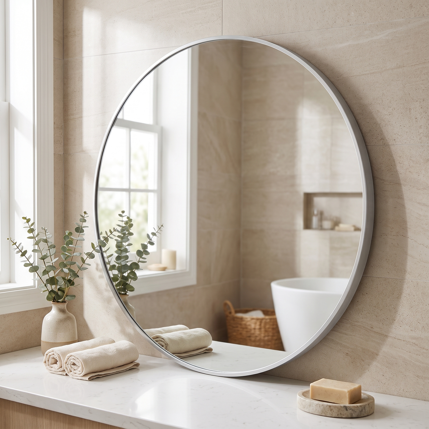 Silver round mirror in a contemporary bathroom
