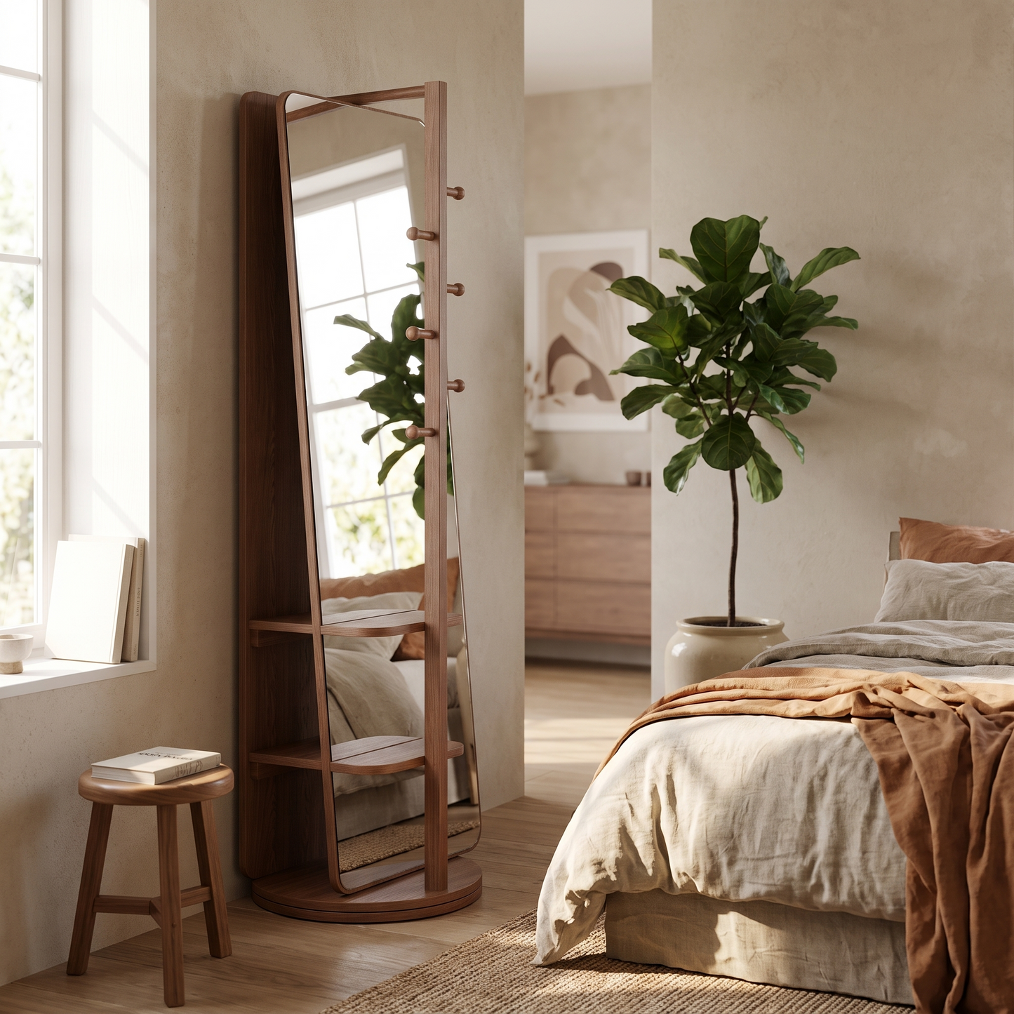 Full-length mirror in a styled bedroom