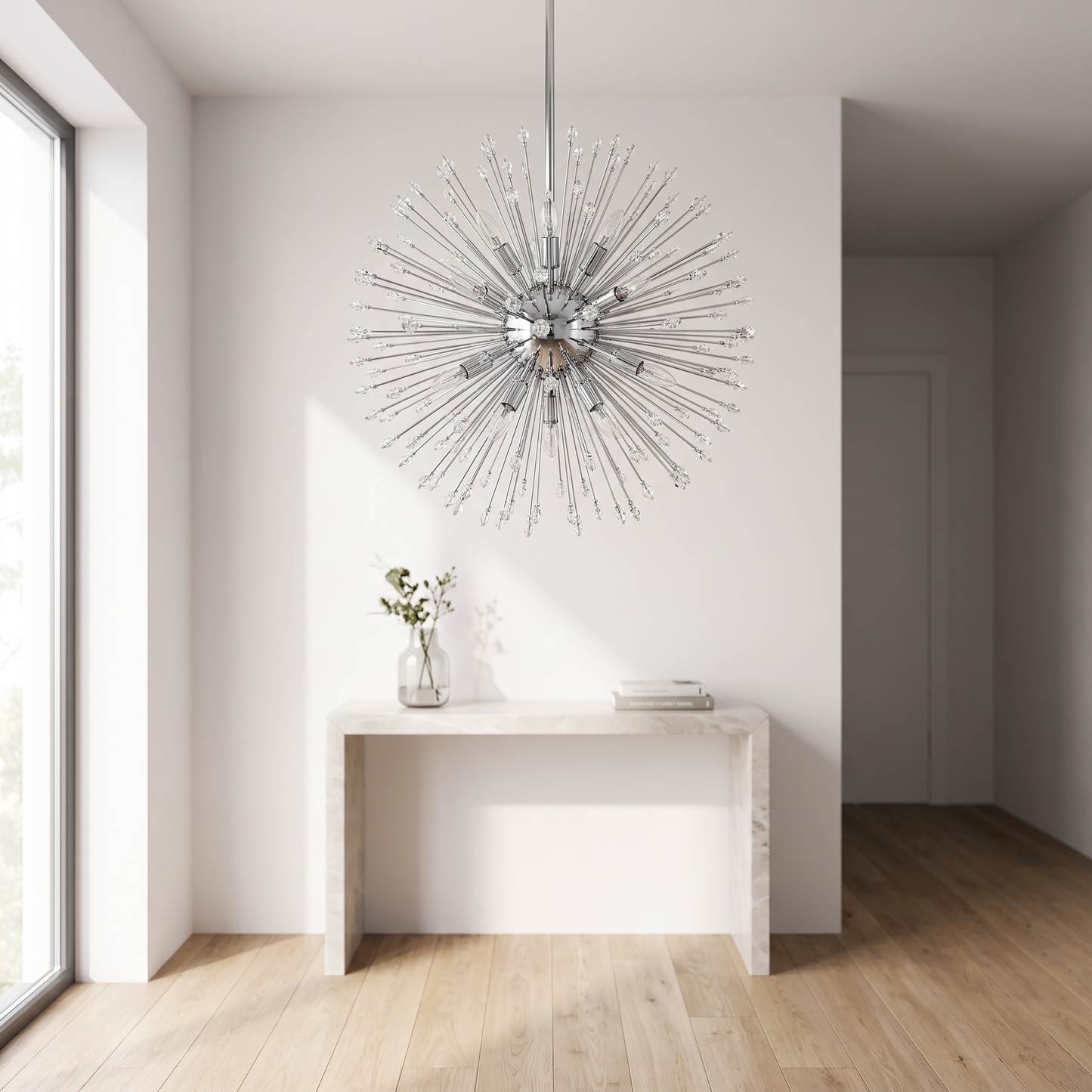 Dandelion Crystal Chandelier in silver chrome finish in a modern entryway