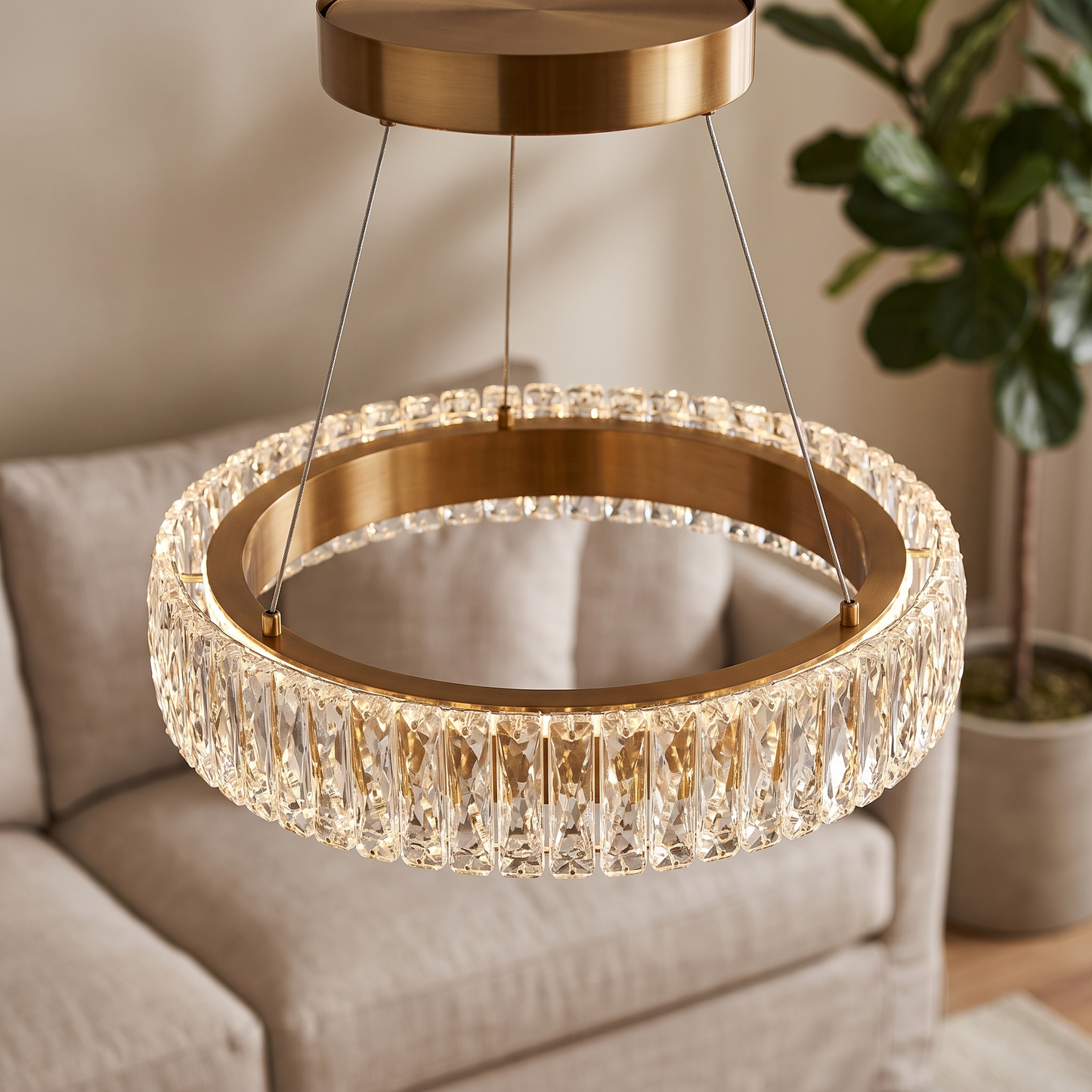 Close detail of the crystal ring chandelier