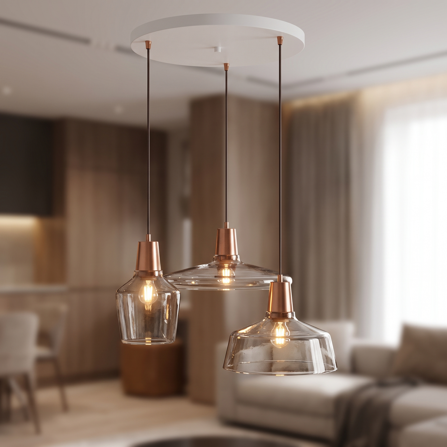 Three-head glass pendant light shade detail