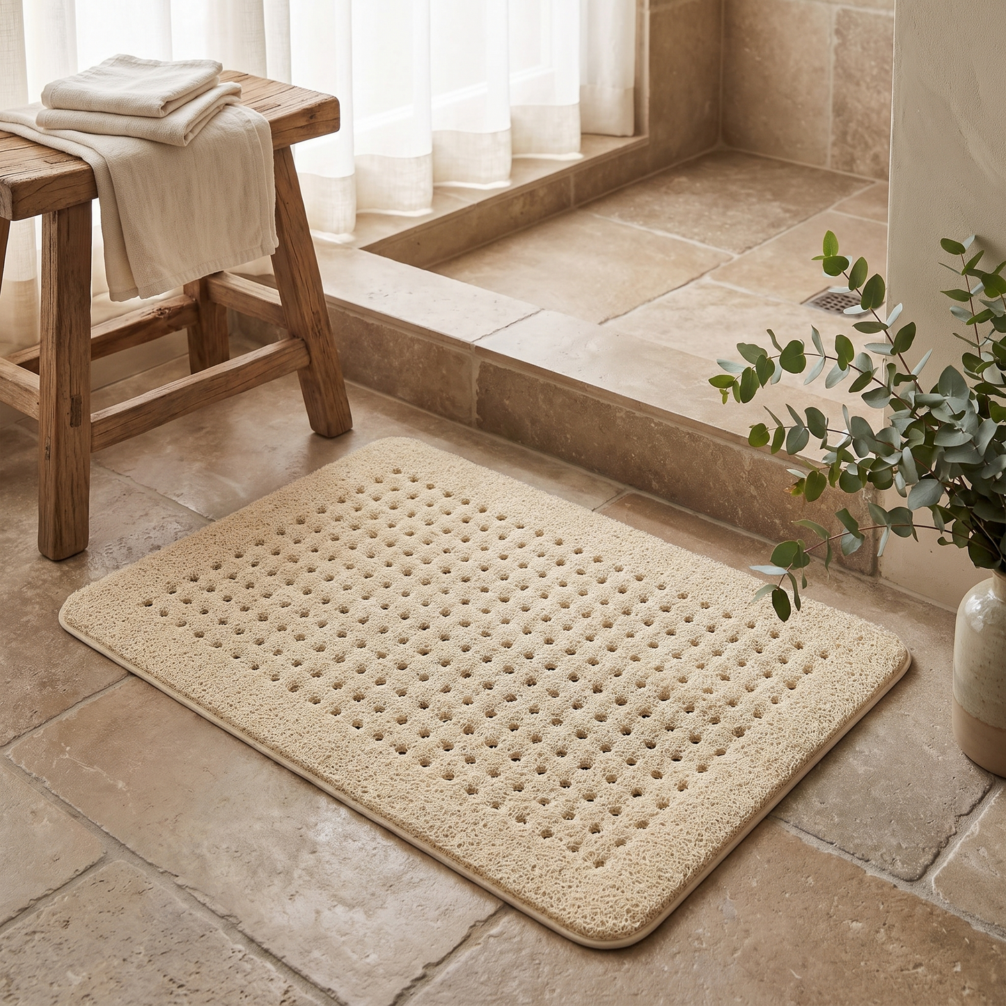 Beige non slip shower mat in a spa style stone shower