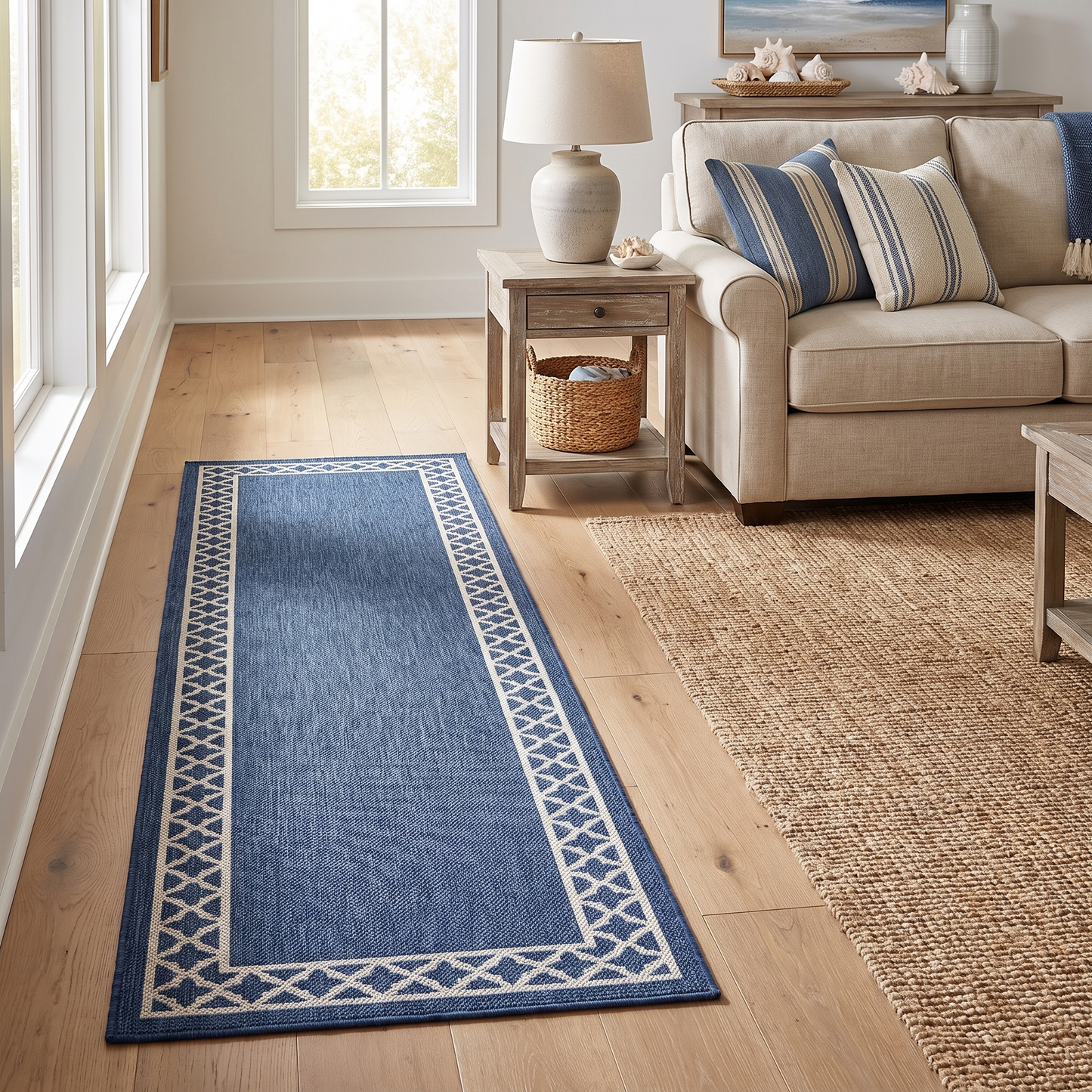 Trellis denim runner rug along a living room floor