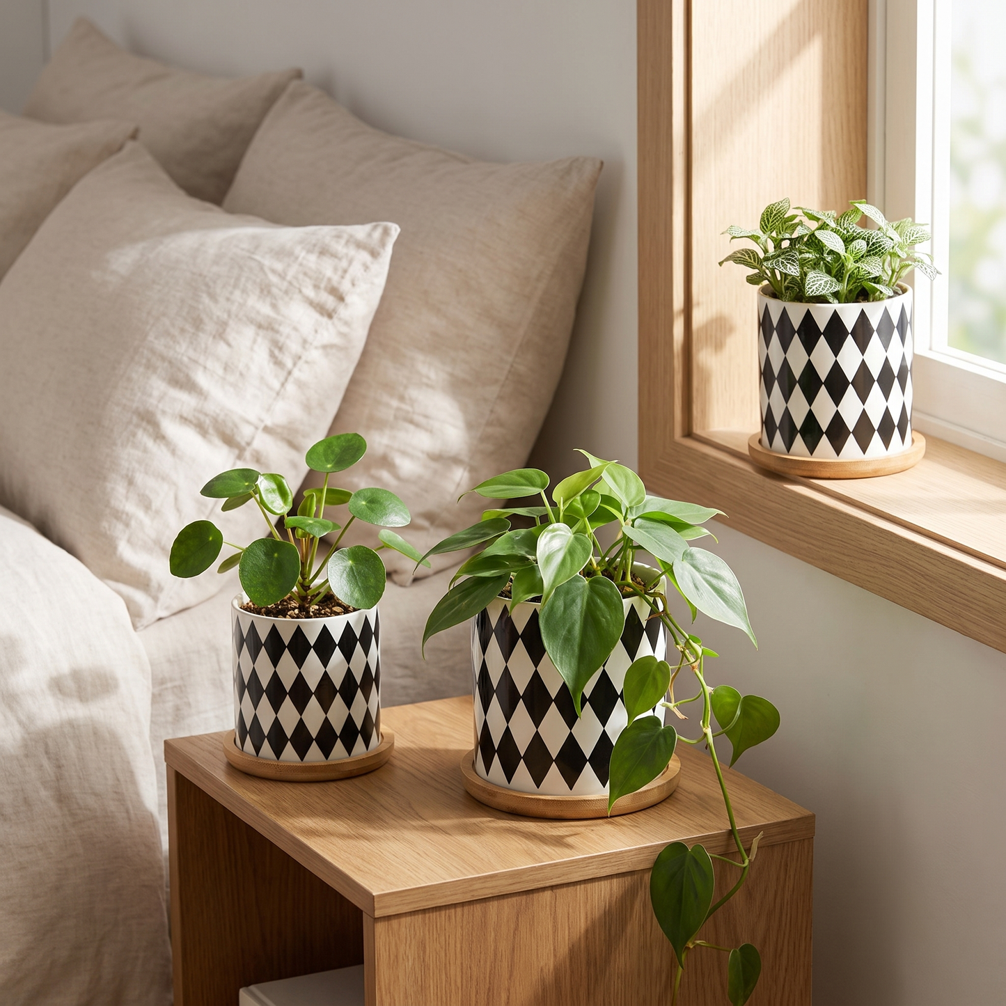 Black and white planters on a bedroom nightstand and windowsill