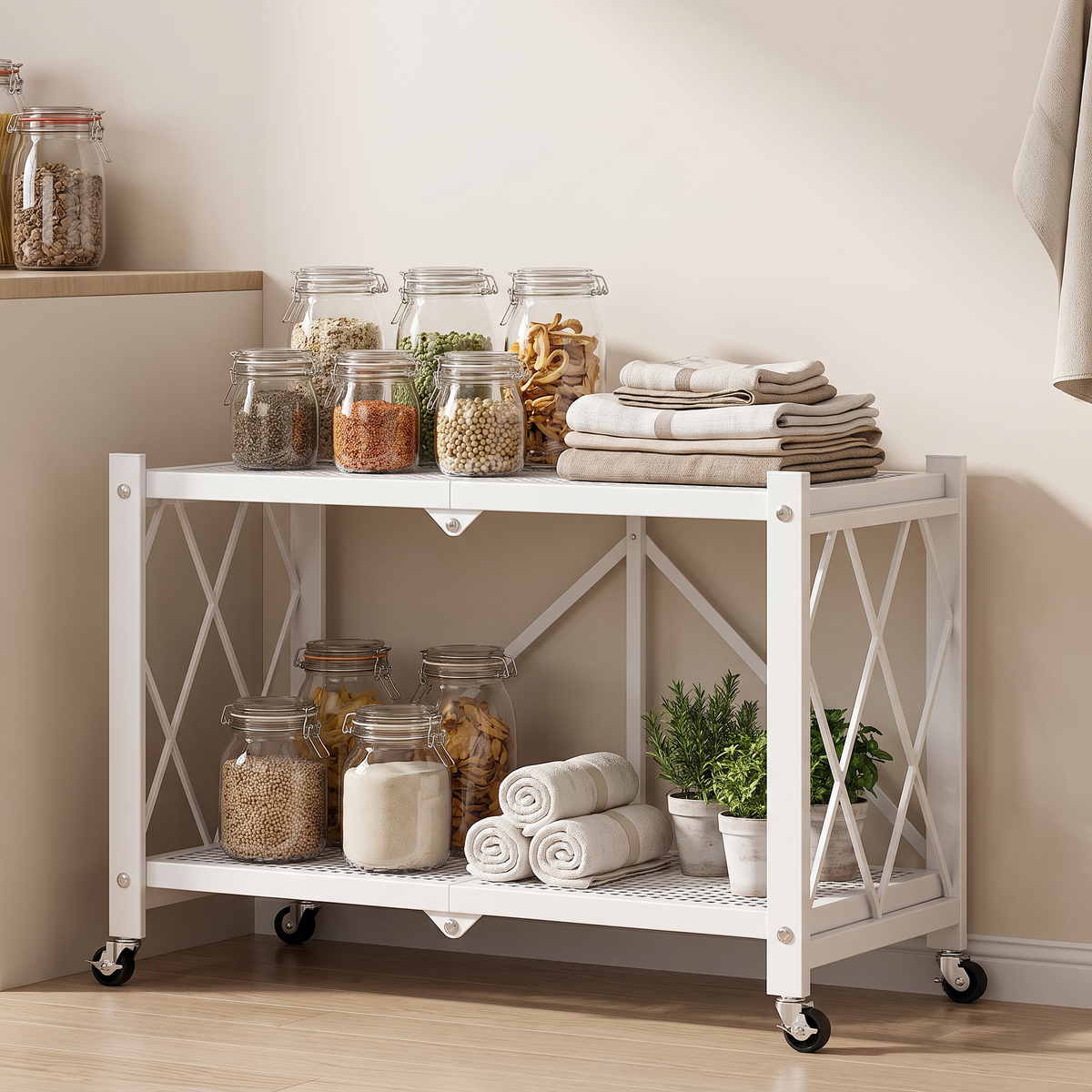 White two-tier trolley with castors