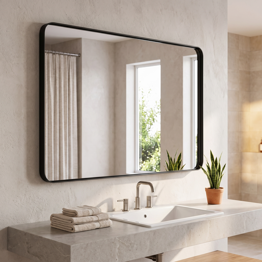 TokeShimi black framed bathroom mirror in a bright modern bathroom