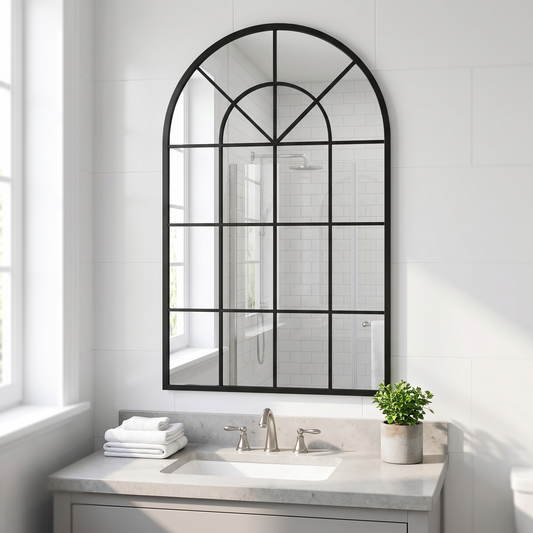 OGCAU arched windowpane mirror in a bright modern bathroom
