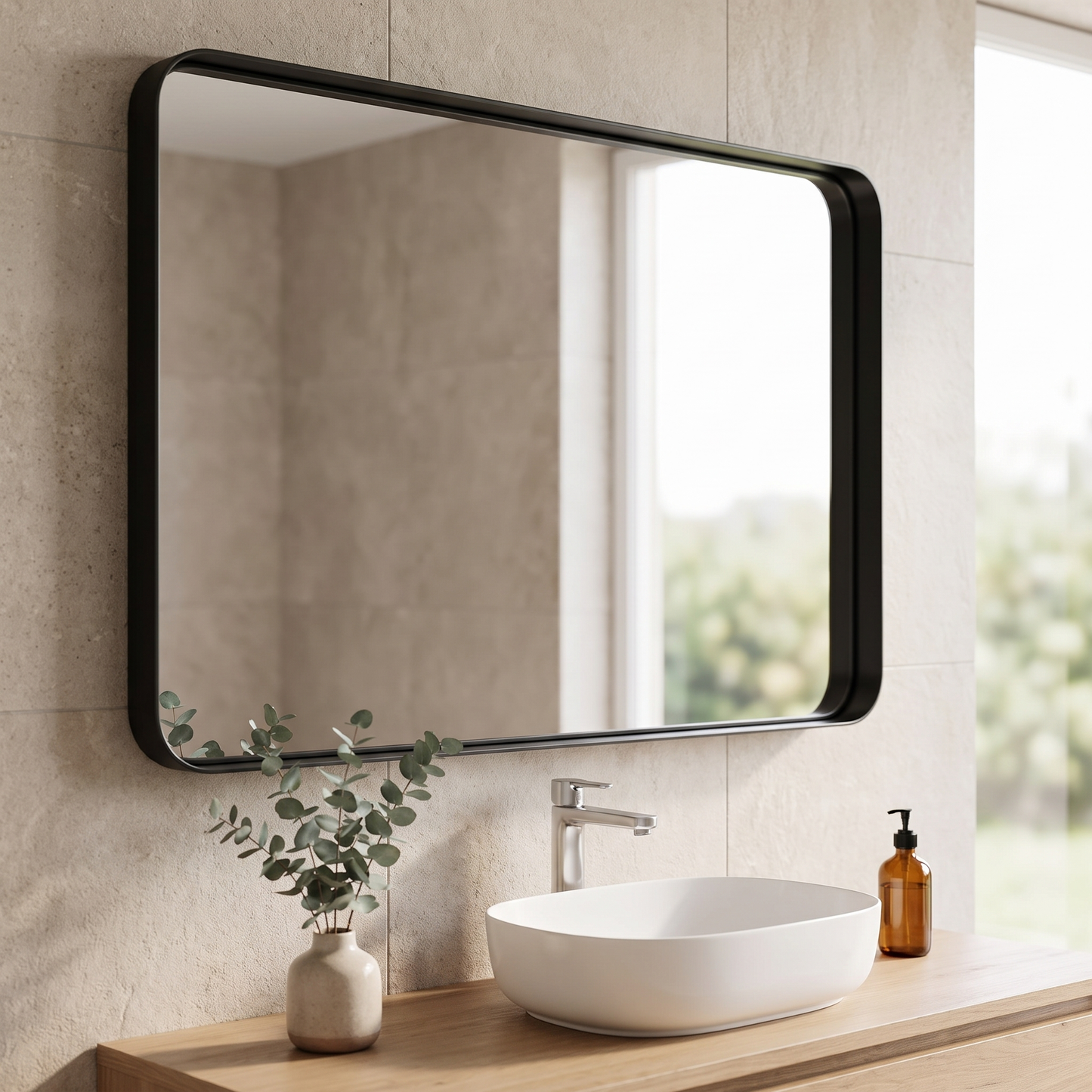 TokeShimi black framed bathroom mirror in a contemporary bathroom