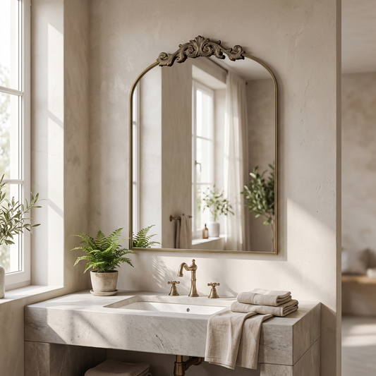 Arched vintage carved bathroom mirror in a bright modern bathroom