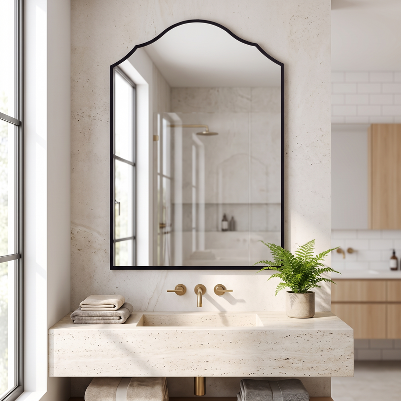 Autdot large arched mirror in a bright modern bathroom