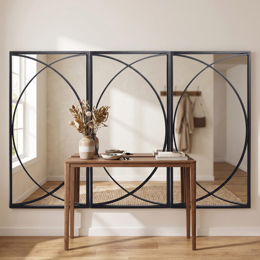 LuxenHome 3 Pieces Black Metal Rectangular Wall Mirror Set in a styled entryway