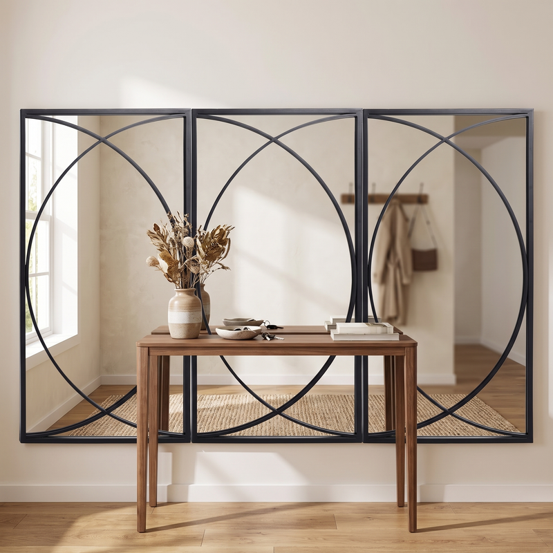 LuxenHome 3 Pieces Black Metal Rectangular Wall Mirror Set in a styled entryway