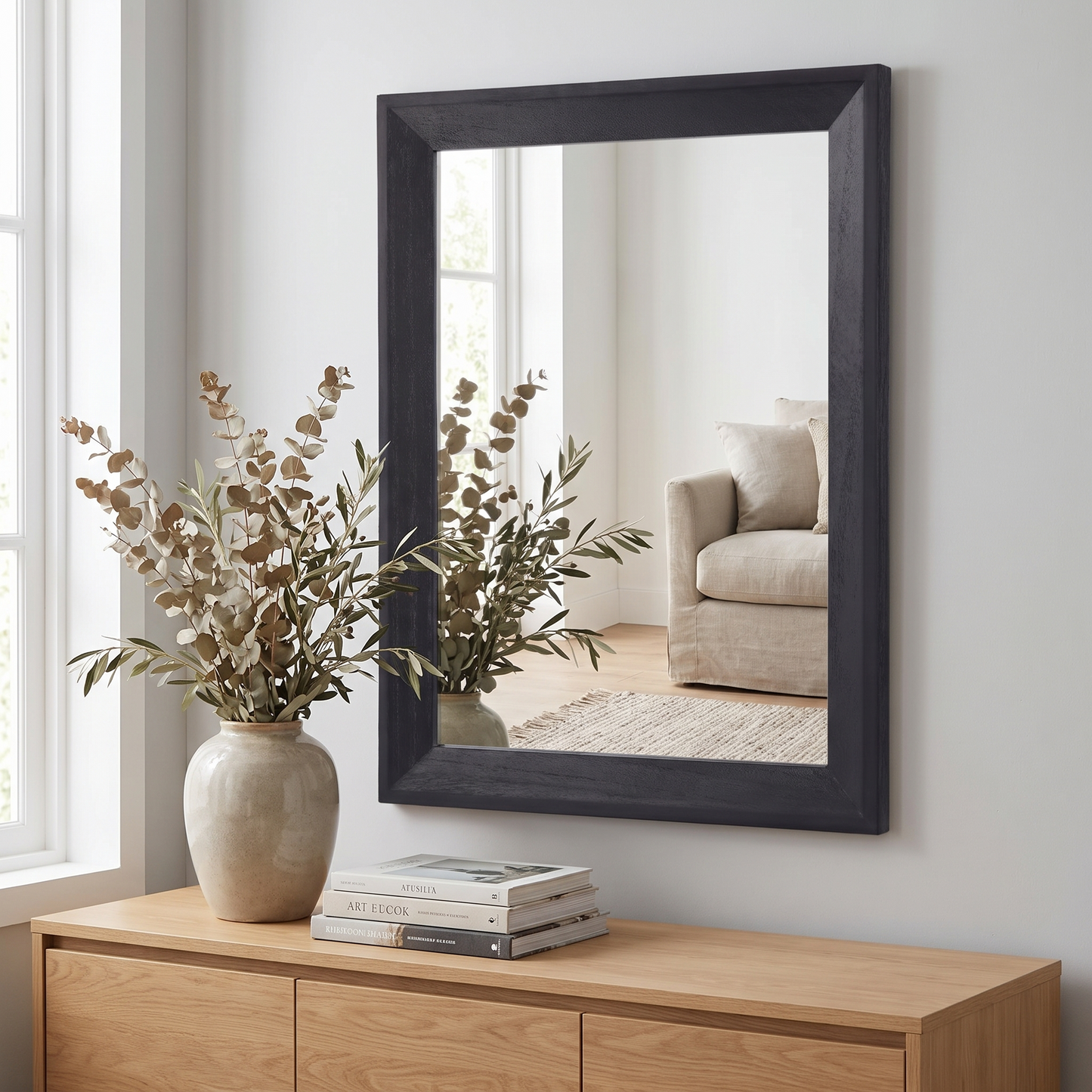 AAZZKANG black wood framed wall mirror in a contemporary living room