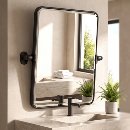 TETOTE matte black pivot bathroom mirror above a vanity