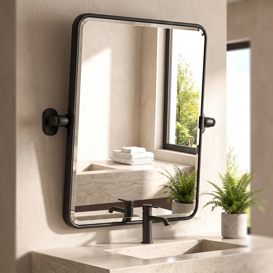 TETOTE matte black pivot bathroom mirror above a vanity