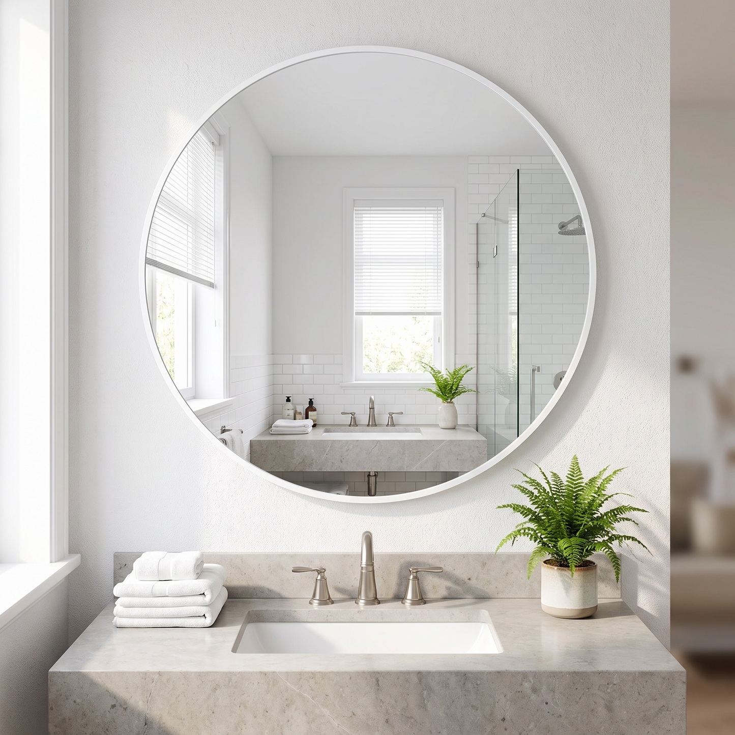 Silver round mirror in a bright modern bathroom above the sink