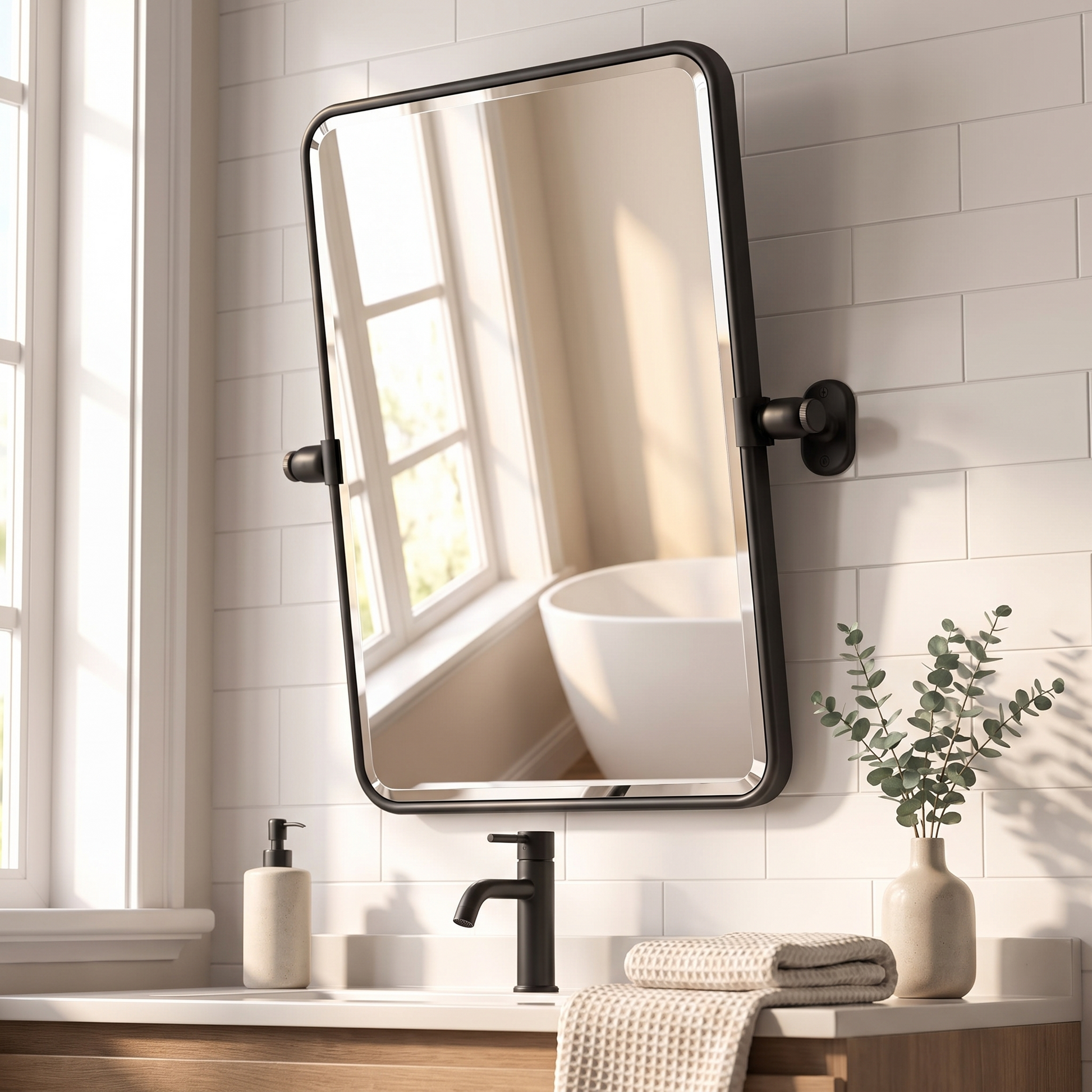 TETOTE matte black pivot bathroom mirror in a contemporary bathroom