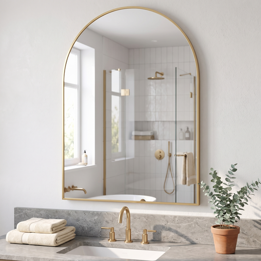 NEUWEABY gold arched mirror above a bathroom vanity