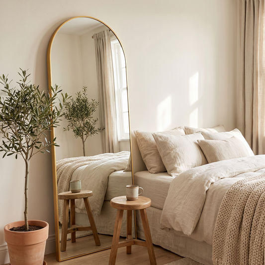 Gold metal arched full-length mirror in a modern bedroom