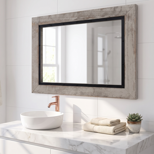 YOSHOOT rustic wooden framed mirror above a bathroom vanity