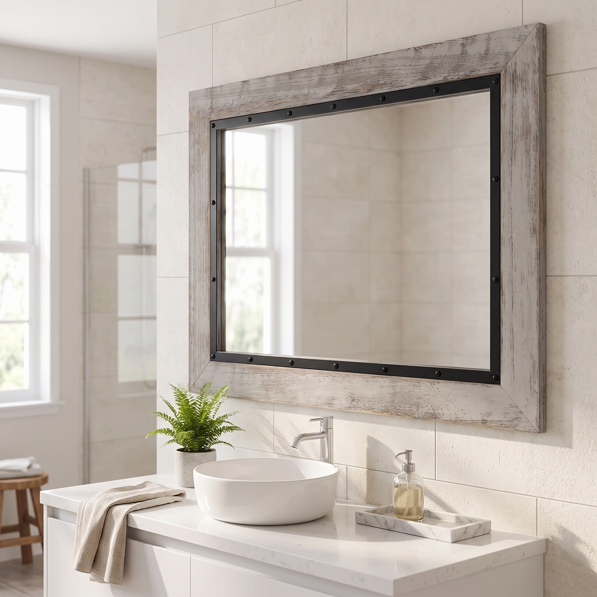 YOSHOOT rustic wooden framed mirror in a contemporary bathroom