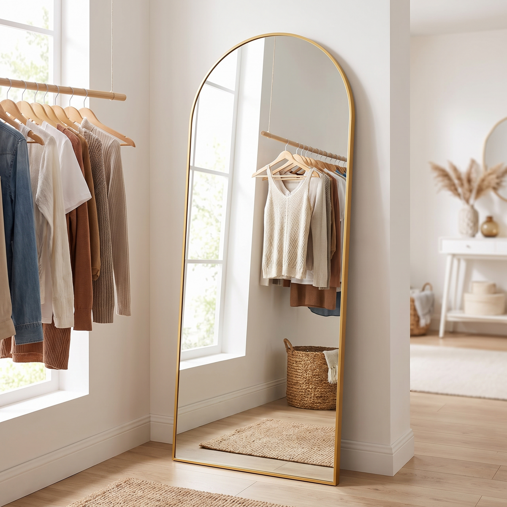 Gold metal arched full-length mirror, dressing room detail