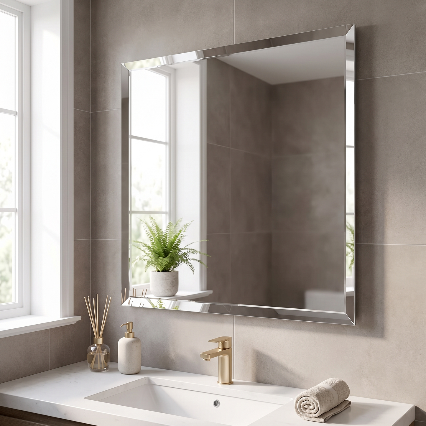 LAMCHMOR frameless beveled bathroom mirror in a contemporary bathroom