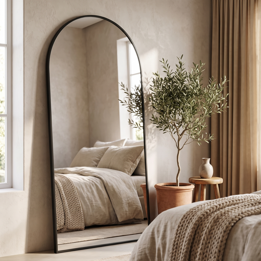 LadyNow black arched floor mirror in a modern bedroom
