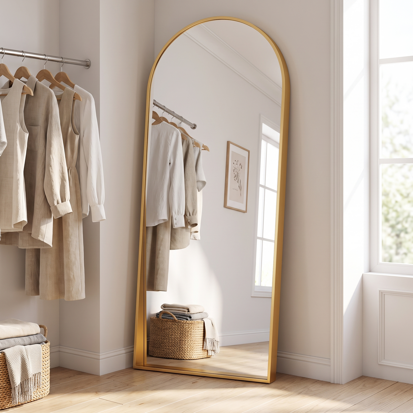 Gold metal arched full-length mirror, dressing room angle