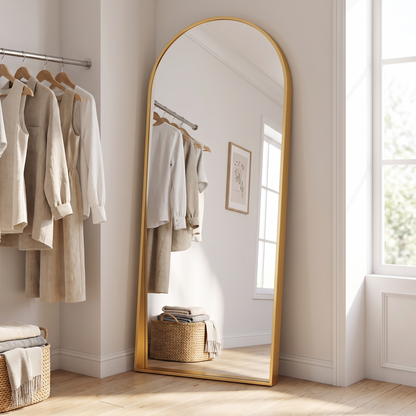 Gold metal arched full-length mirror, dressing room angle