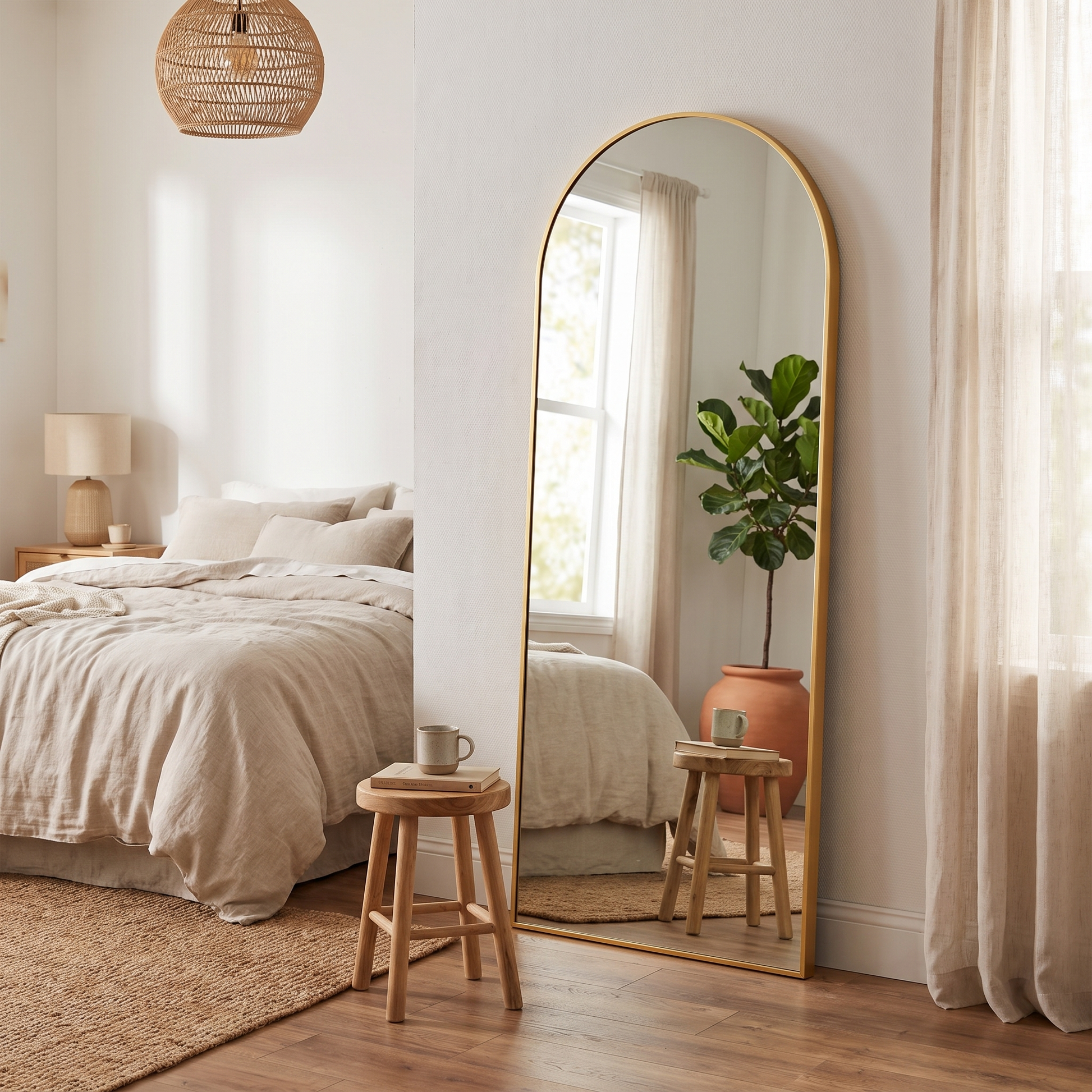 Gold metal arched full-length mirror in a styled bedroom