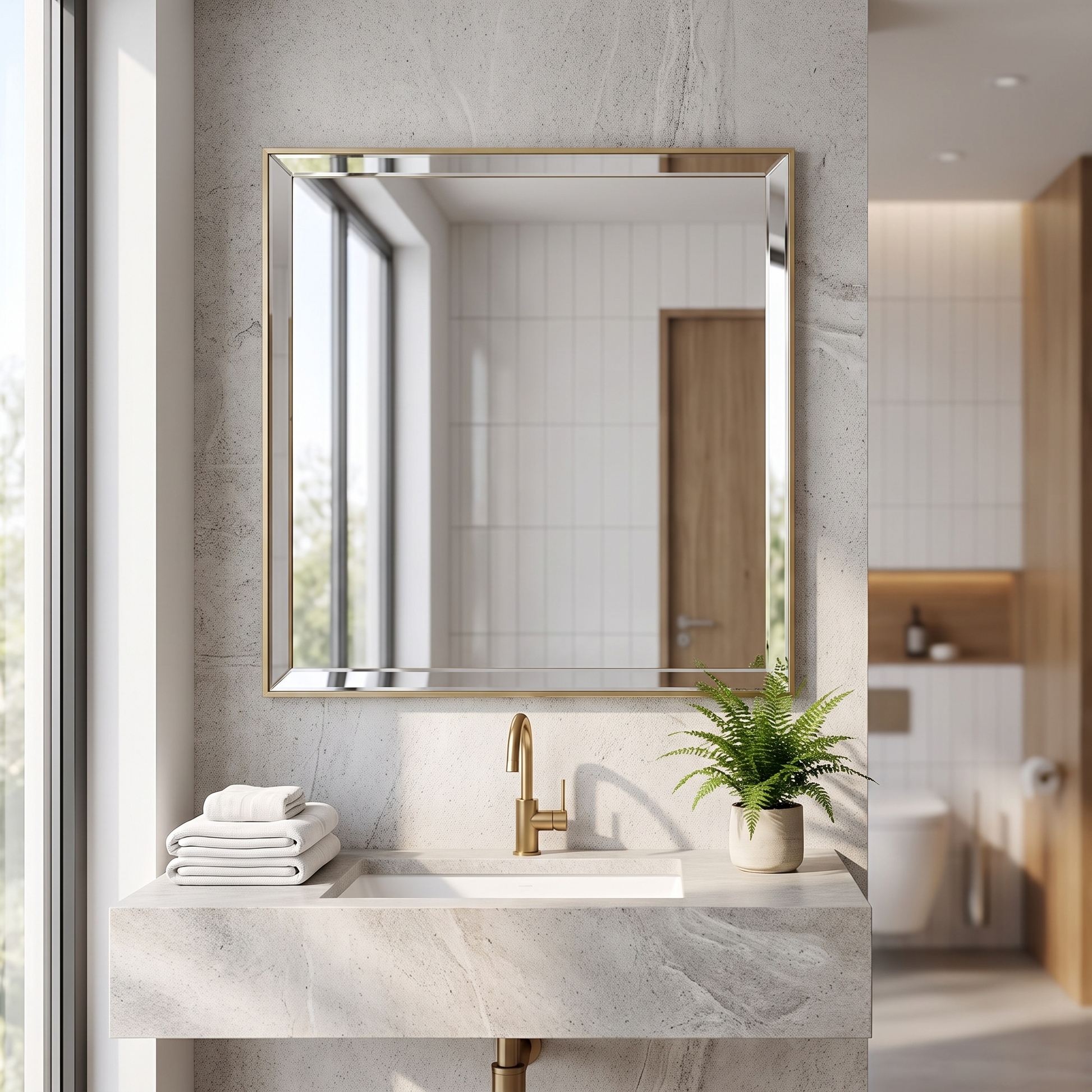 LAMCHMOR frameless beveled bathroom mirror above a vanity