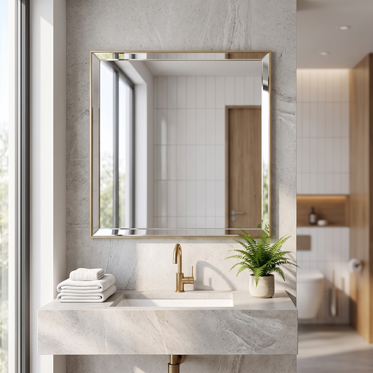 LAMCHMOR frameless beveled bathroom mirror above a vanity