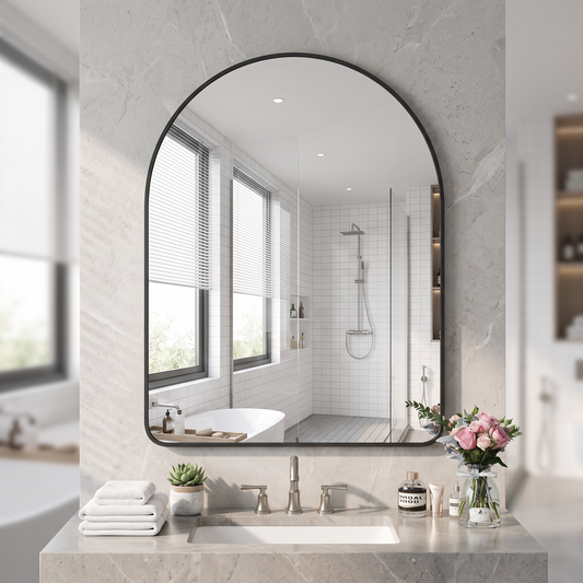GLASHOM black arched mirror above a bathroom vanity