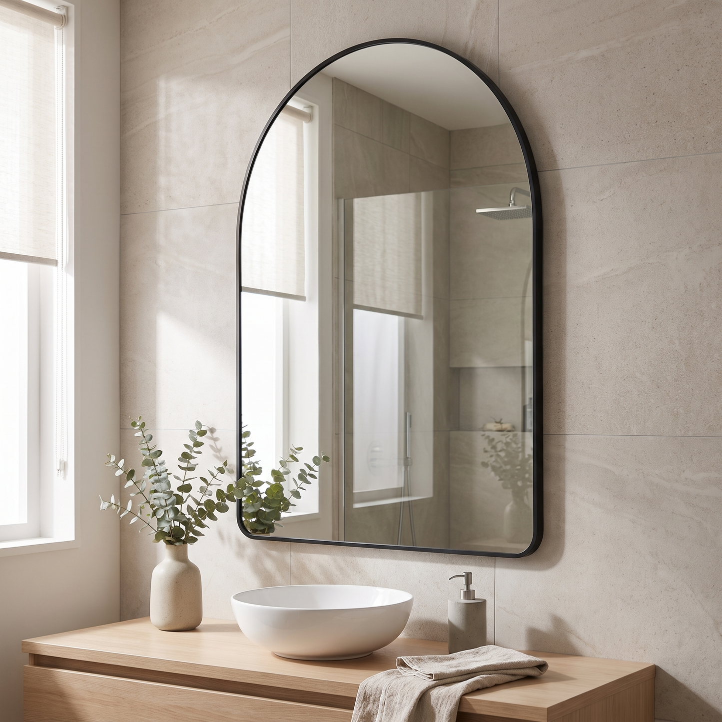 GLASHOM black arched mirror in a contemporary bathroom