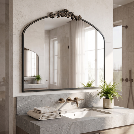 HQiJun arched windowpane mirror above a bathroom vanity
