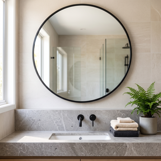 FRUMENSHIP black round mirror above a bathroom vanity