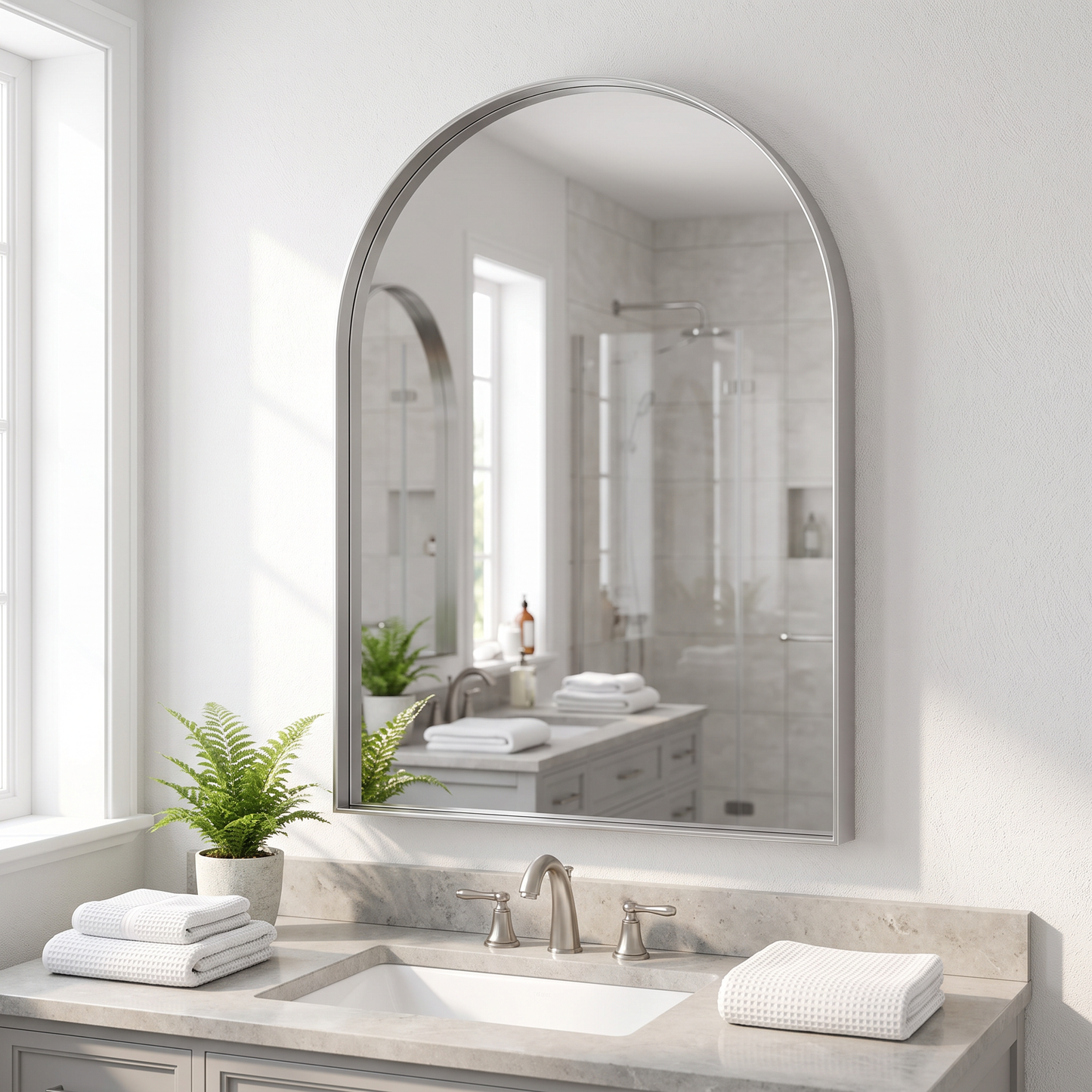 Brightify silver arched mirror above a bathroom vanity