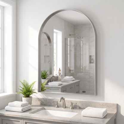 Brightify silver arched mirror above a bathroom vanity