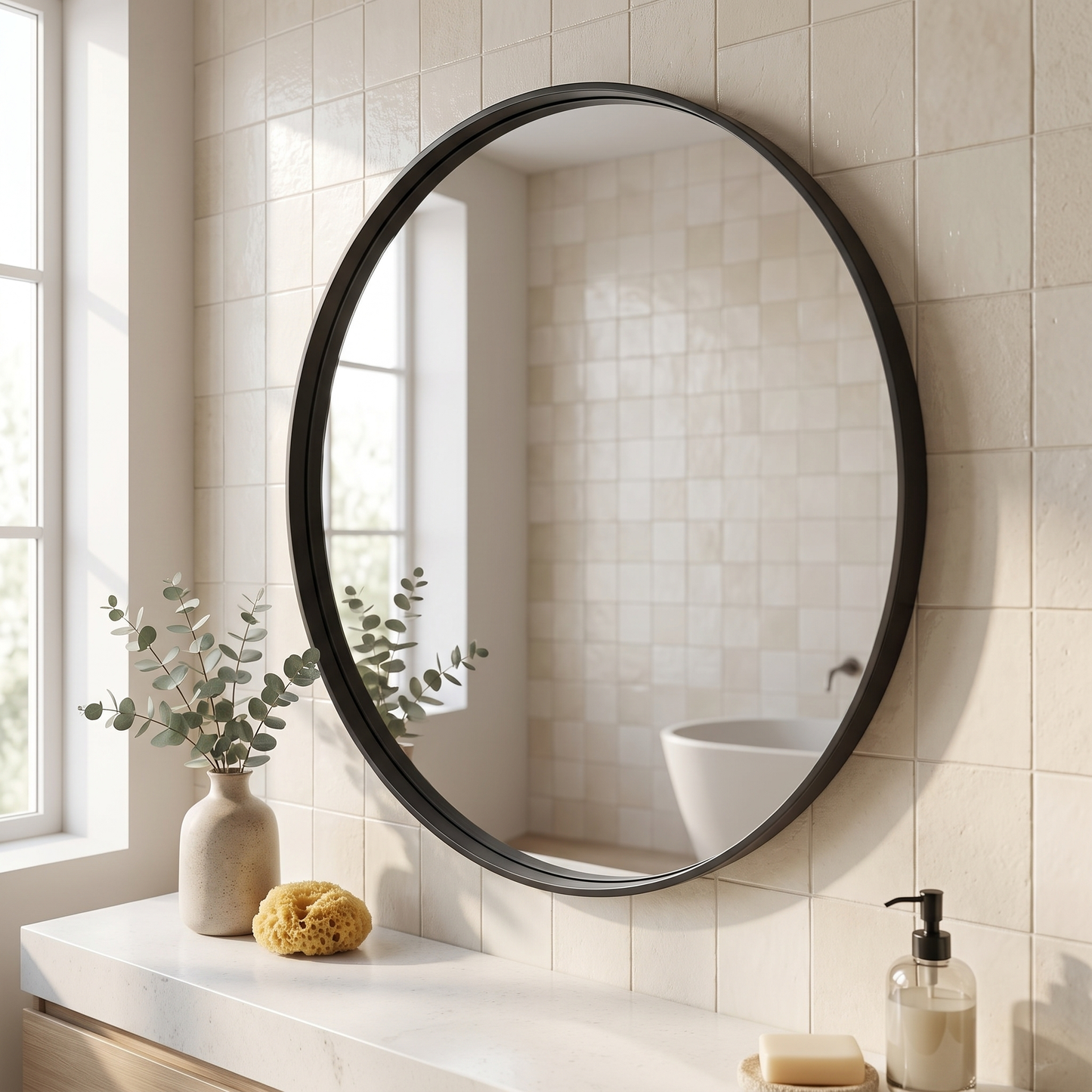 FRUMENSHIP black round mirror in a contemporary bathroom