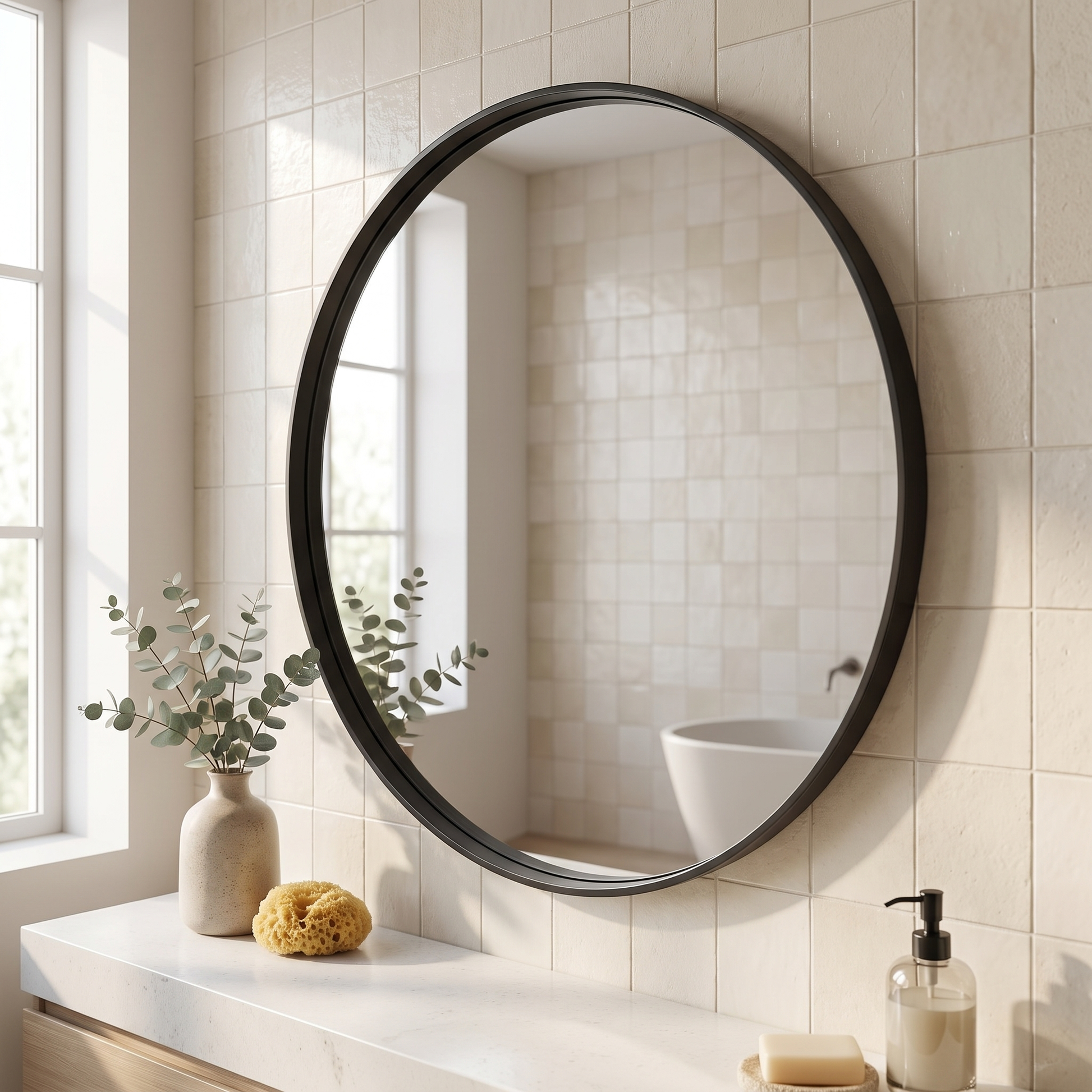 FRUMENSHIP black round mirror in a contemporary bathroom