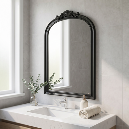 HQiJun arched windowpane mirror in a contemporary bathroom