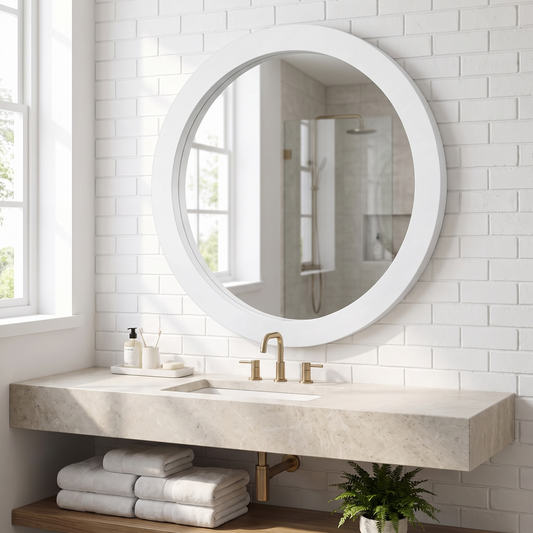 JJUUYOU round wood frame mirror above a bathroom vanity