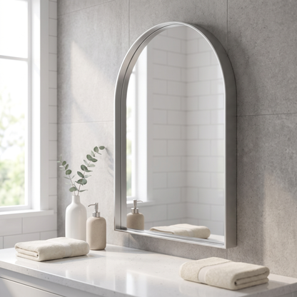 Brightify silver arched mirror in a contemporary bathroom