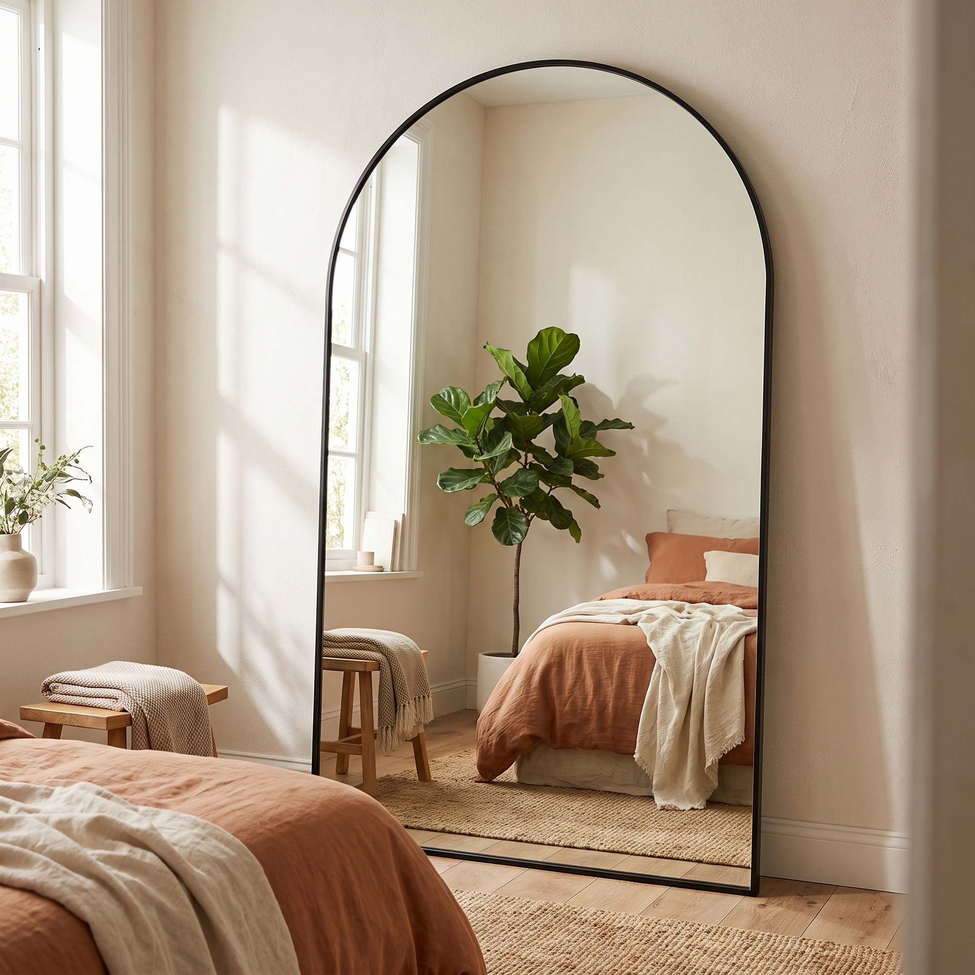 GLSLAND black arched full length mirror in a modern bedroom