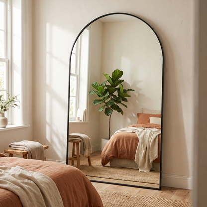 GLSLAND black arched full length mirror in a modern bedroom