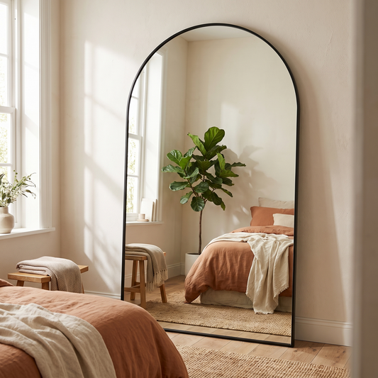 GLSLAND black arched full length mirror in a modern bedroom