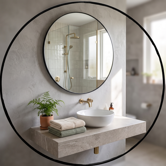 HBCY Creations large black round mirror above a bathroom vanity