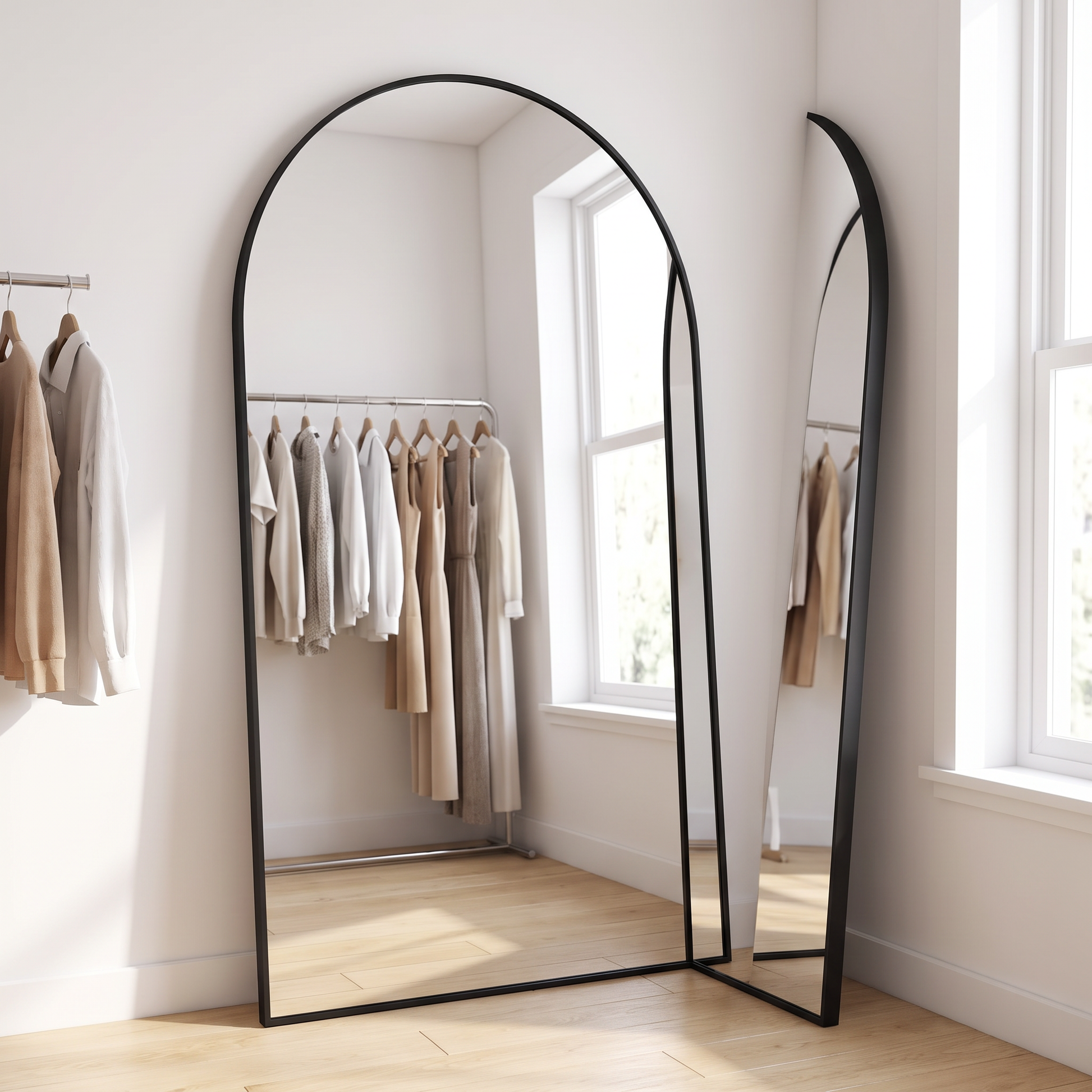GLSLAND black arched full length mirror in a dressing room