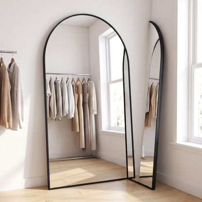 GLSLAND black arched full length mirror in a dressing room